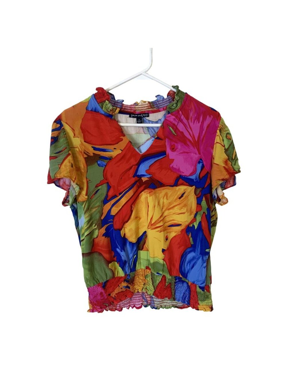 Sam & Jess Womens Floral Blouse Medium Colorful Rayon Shirt Top V Neck